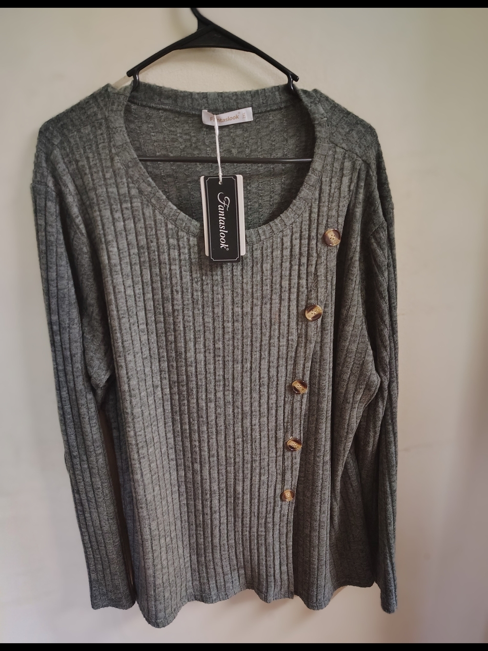 Grey Ribbed Button-Accent Women's Sweater-2XL